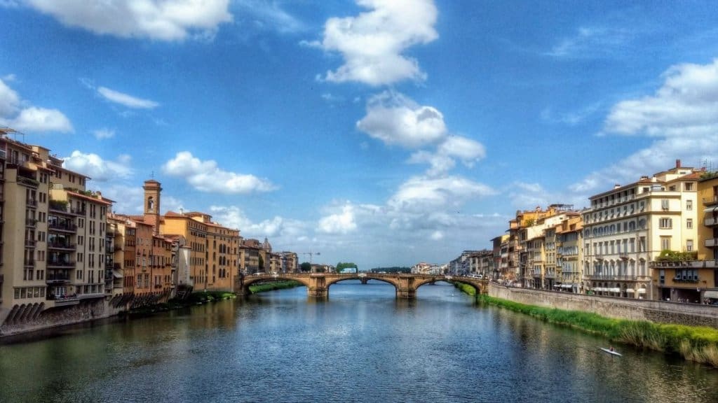 View of the Arno River in Florence, Italy, from the Ponte Vecchio,