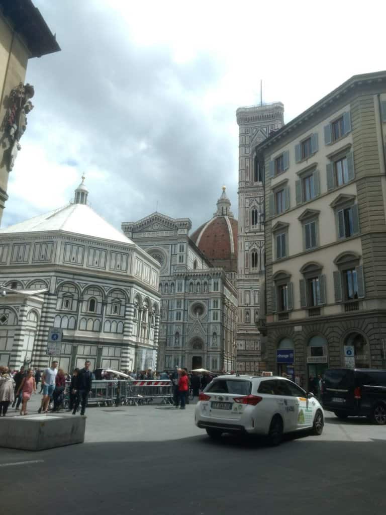 View of the Florence, Italy, Duomo from just outside the pedestrian-only Piazza del Duomo.
