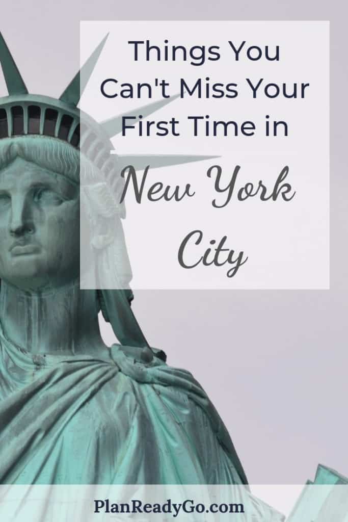 Photo of the face of the Statue of Liberty. Text reads: Things you can't miss your first time in New York City.