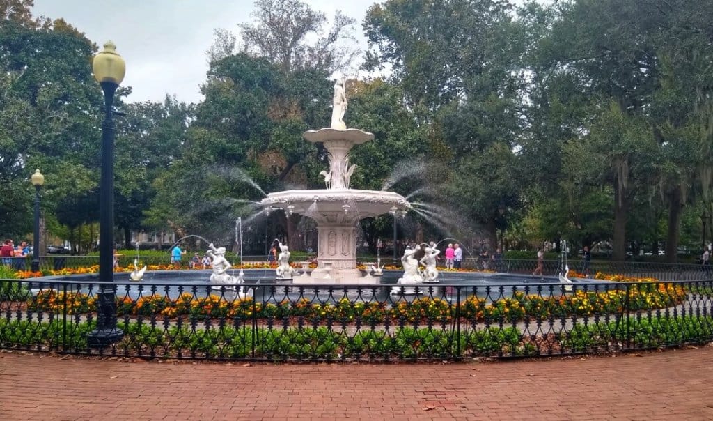 Large fountain in a park in Savannah Georgia