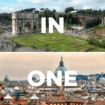 Photos of the Colosseum, Constantine's Arch, the Rome skyline and St. Peter's Square with a text overlay.