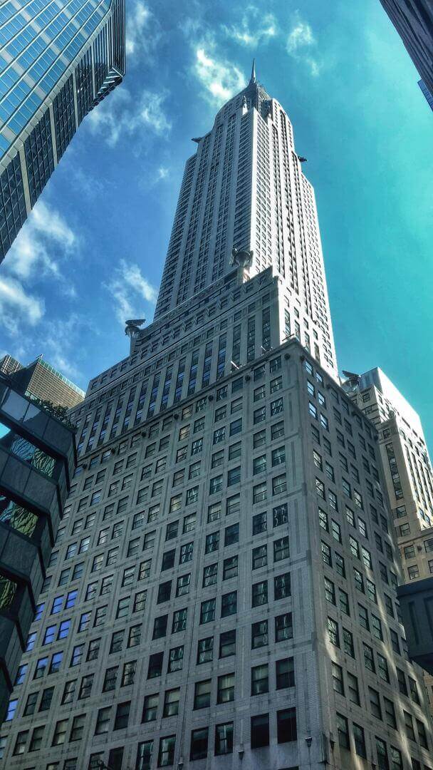 View the Chrysler Building in New York City from below.