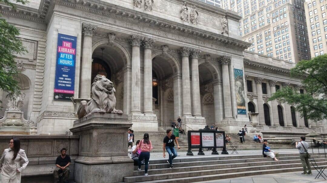 Exterior of a large marble building in New York City.