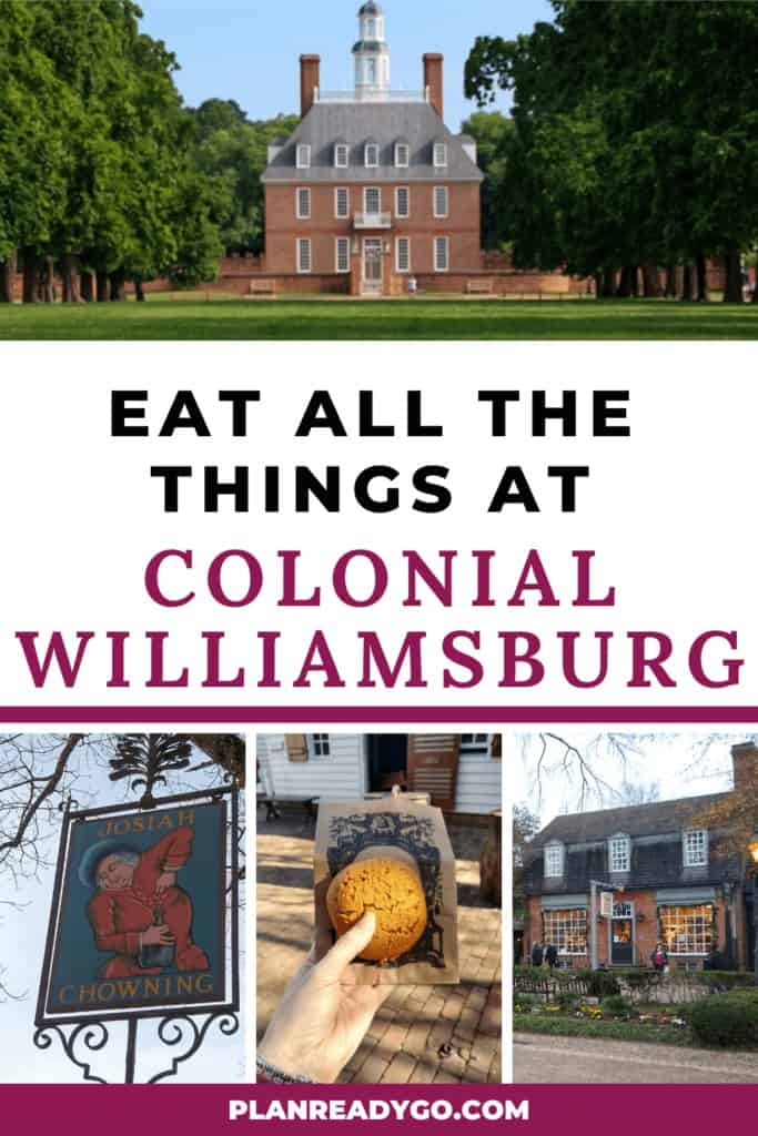 Images of colonial style brick buildings, a old fashioned tavern sign, and a hand holding a small ginger cake with a text overlay.