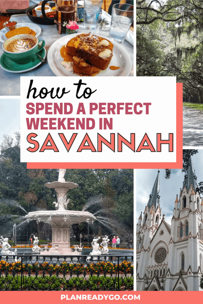 A collage image of an old church, a fountain in a park, a table laid with breakfast food, and trees covered in Spanish moss with a text overlay.