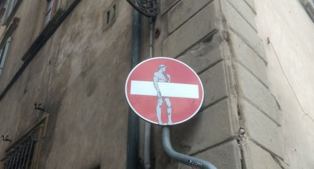 Do not enter street sign with Michelangelo's David on it.