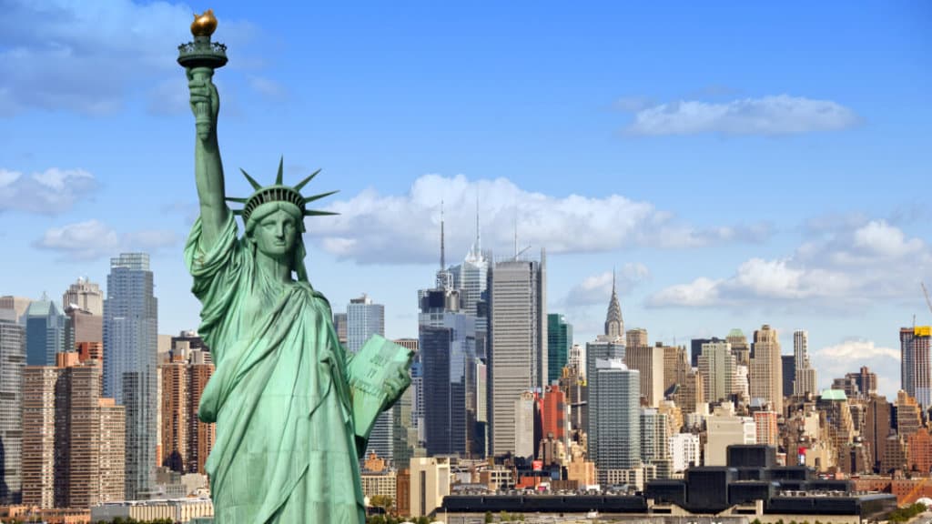 Statue of Liberty in front of the New York City skyline