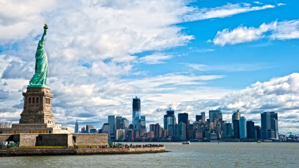 Lower Manhattan skyline with Statue of Liberty
