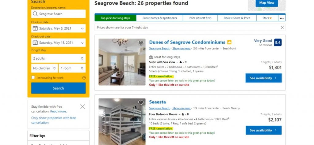 Screenshot showing where to find which properties have free cancellation on the booking.com website.