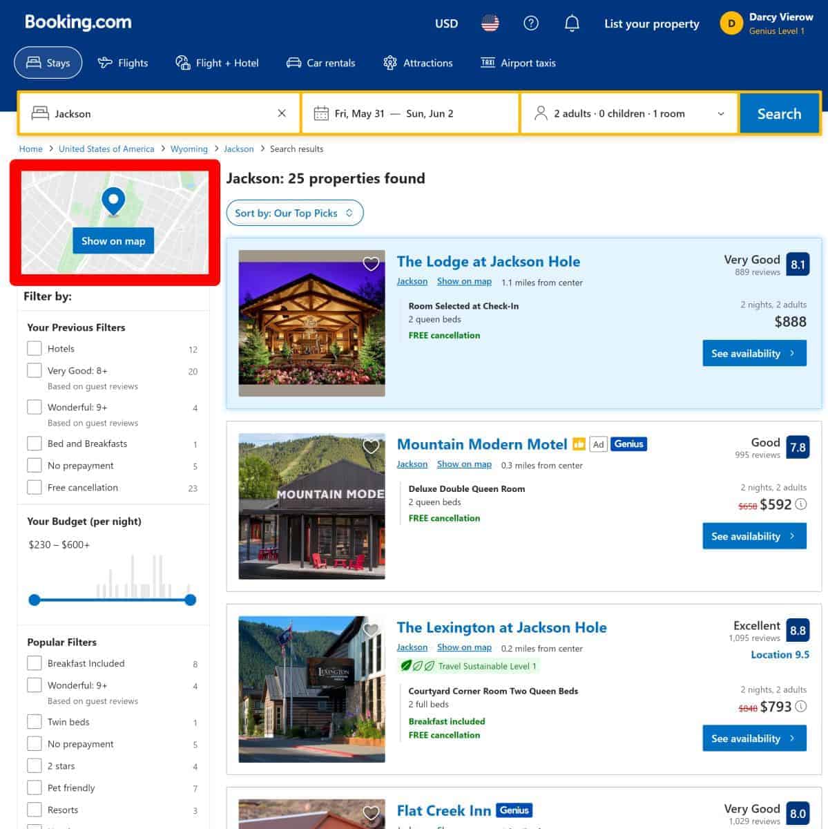 Screenshot showing where to find the map view on booking.com website.