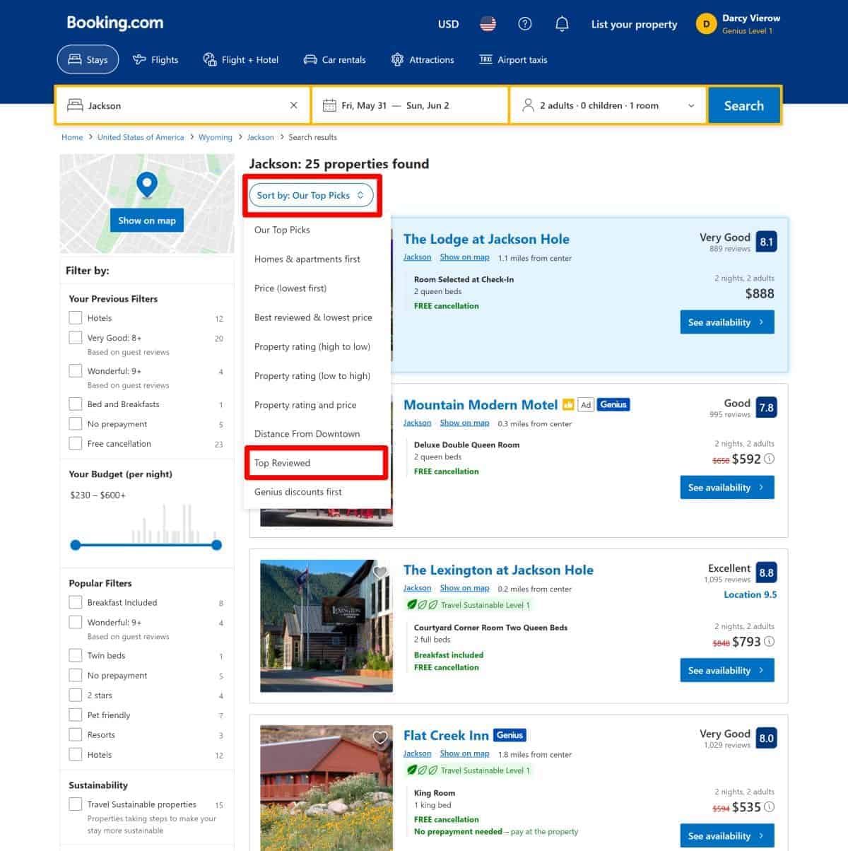 Screenshot showing other ways to sort search results on booking.com website.