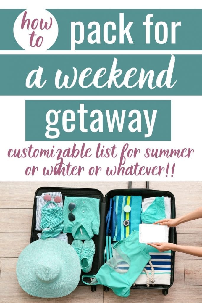 Small suitcase full of beach vacation clothing and accessories with a text overlay that says "how to pack for a weekend getaway."