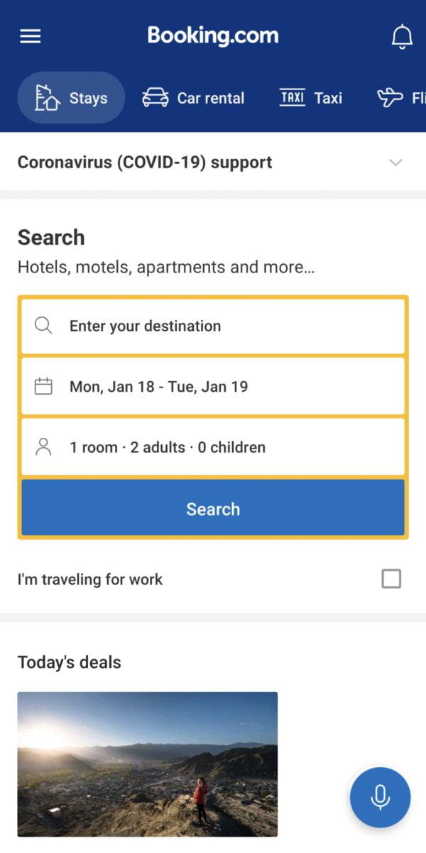 screenshot of the Booking.com mobile app home screen