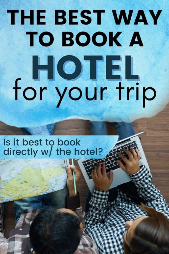 A couple using a laptop to plan their travel with a text overlay that talks about the best way to book your hotel