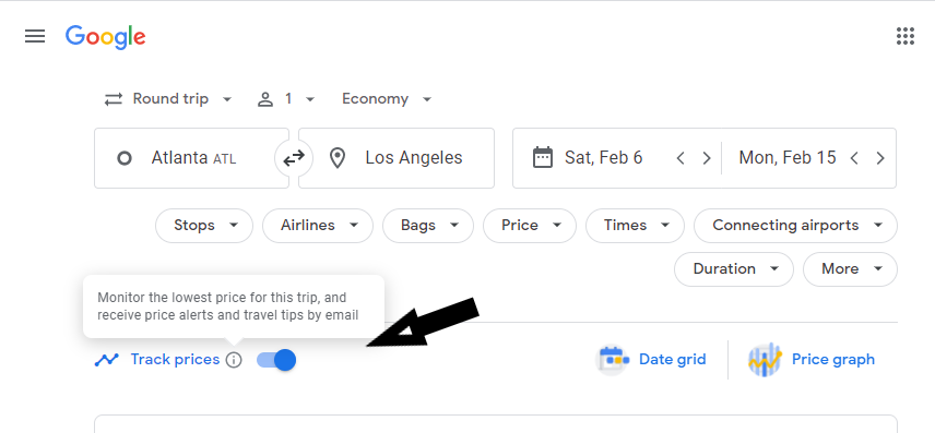 Screenshot of Google Flights showing where to enable the track prices feature