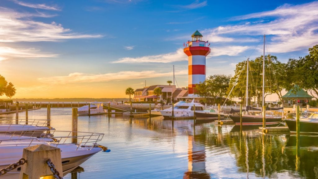 Hilton Head, South Carolina, lighthouse at dusk.