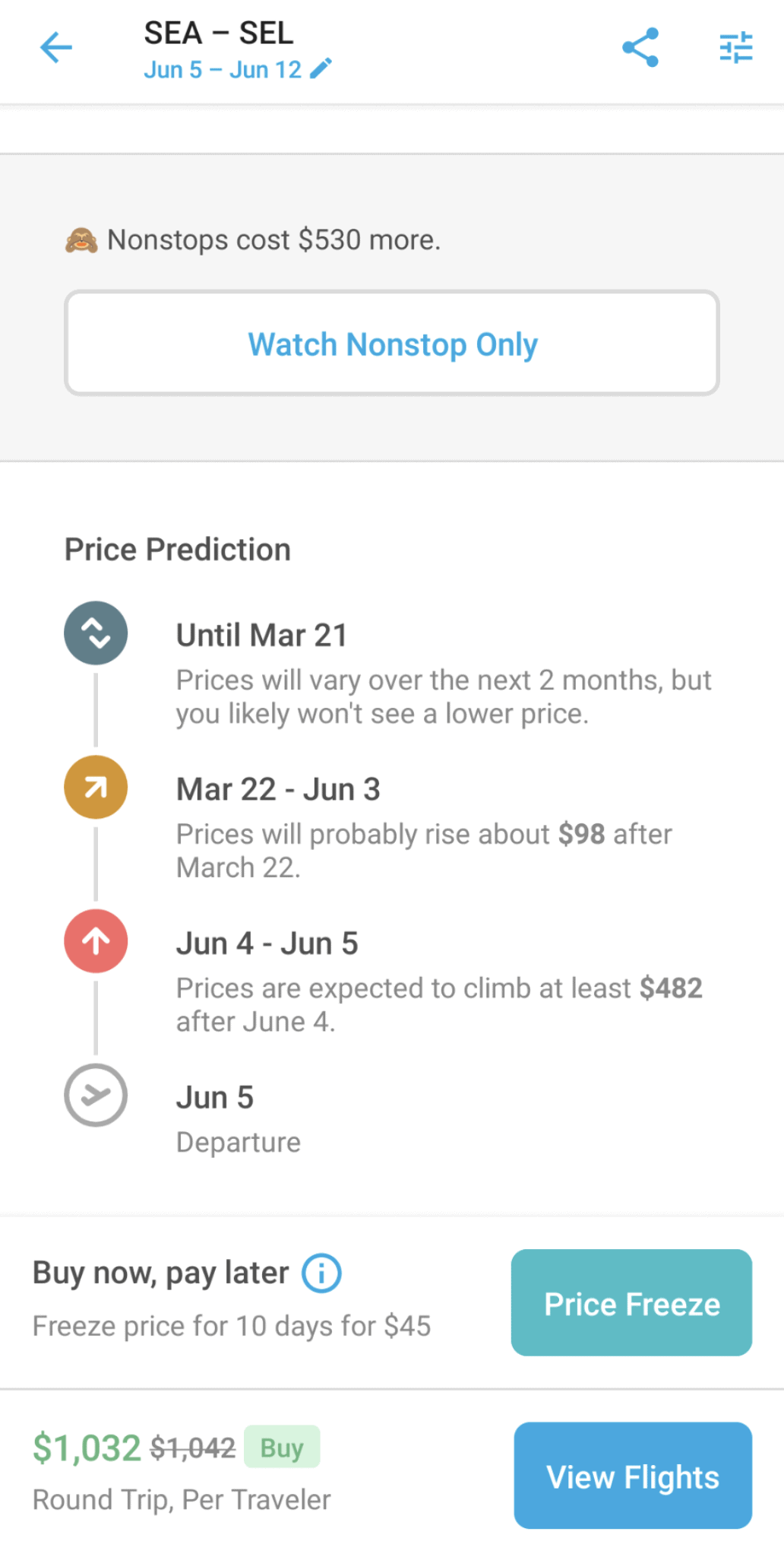 Screenshot in Hopper app showing airfare prediction timeline