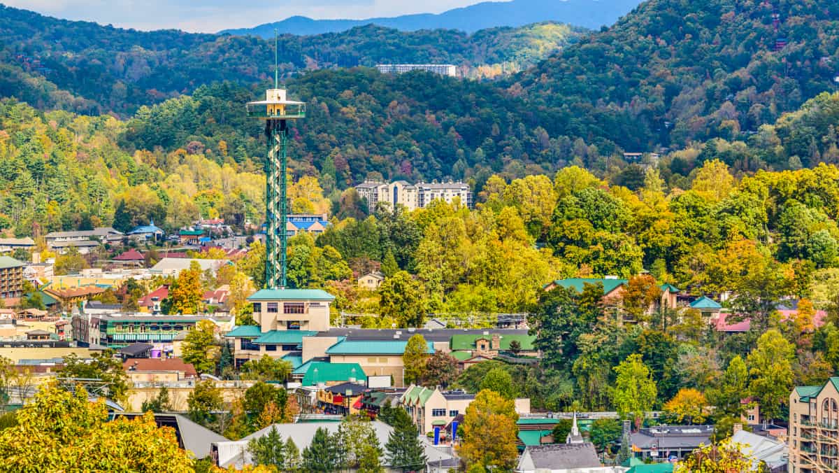 Gatlinburg, Tennessee, USA townscape in the Smoky Mountains.