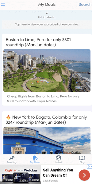 Screenshot of the Secret Flying app homepage