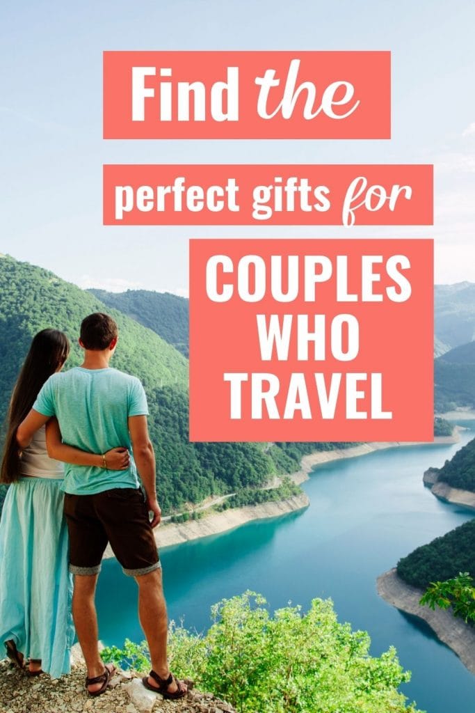 couple relax on peak of mountains with landscape view with text overlay about couples travel gifts