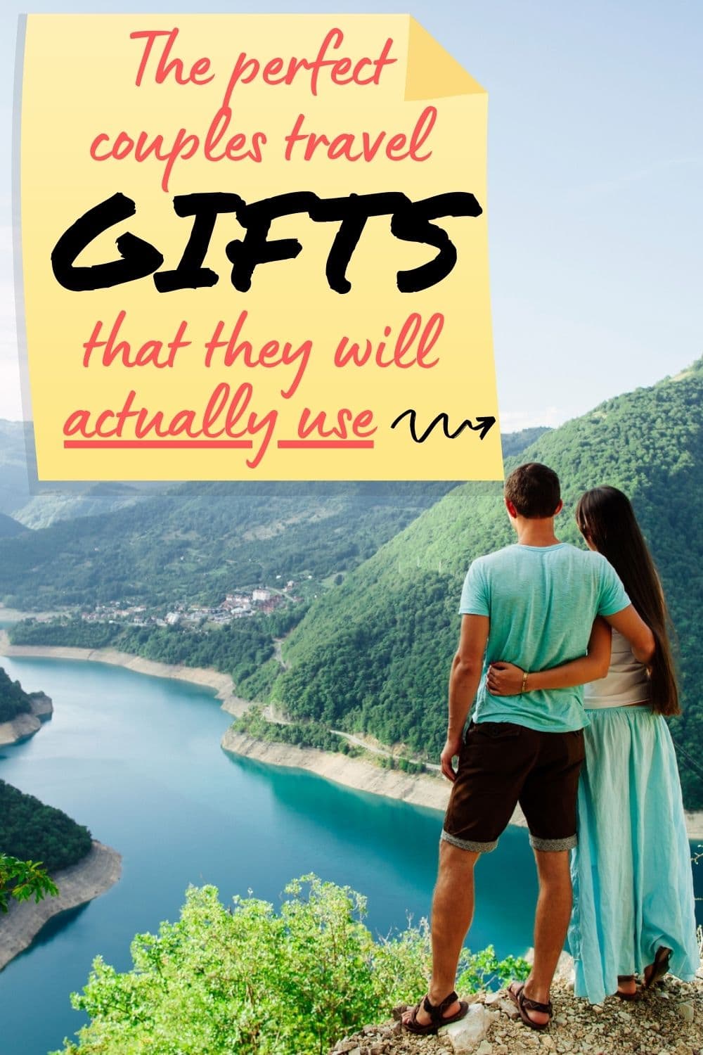 couple relax on peak of mountains with landscape view with text overlay about couples travel gifts