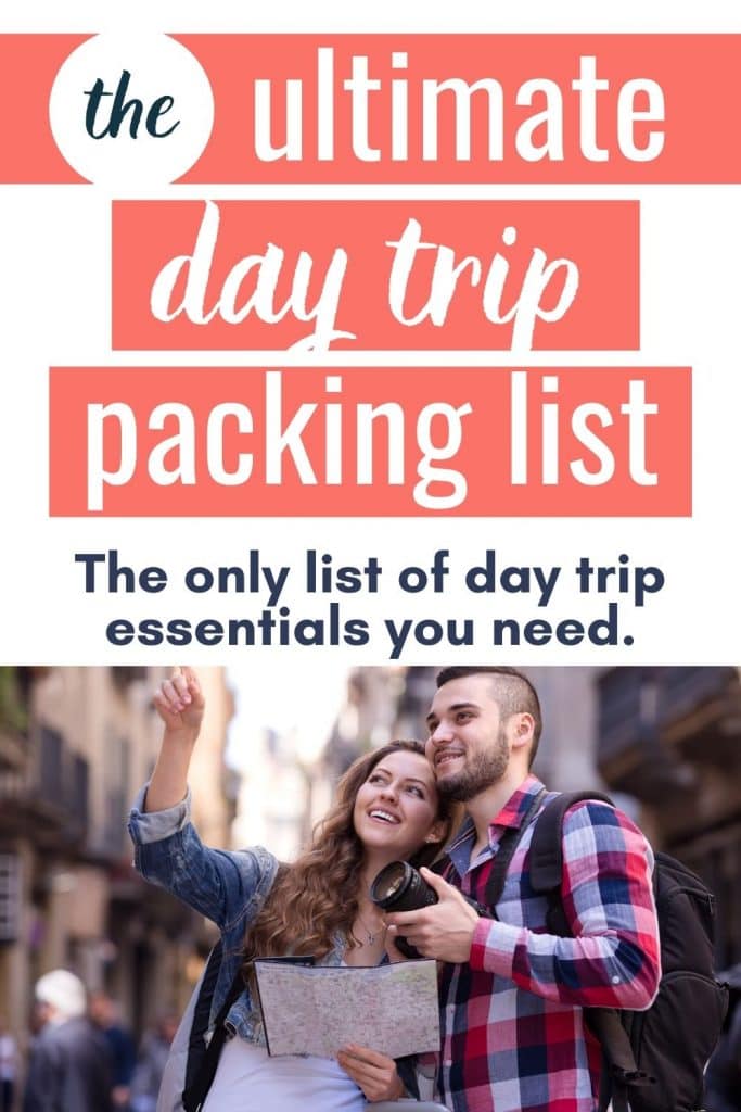Happy tourists enjoying excursion over european town seeing sights and taking pictures with text about day trip packing list