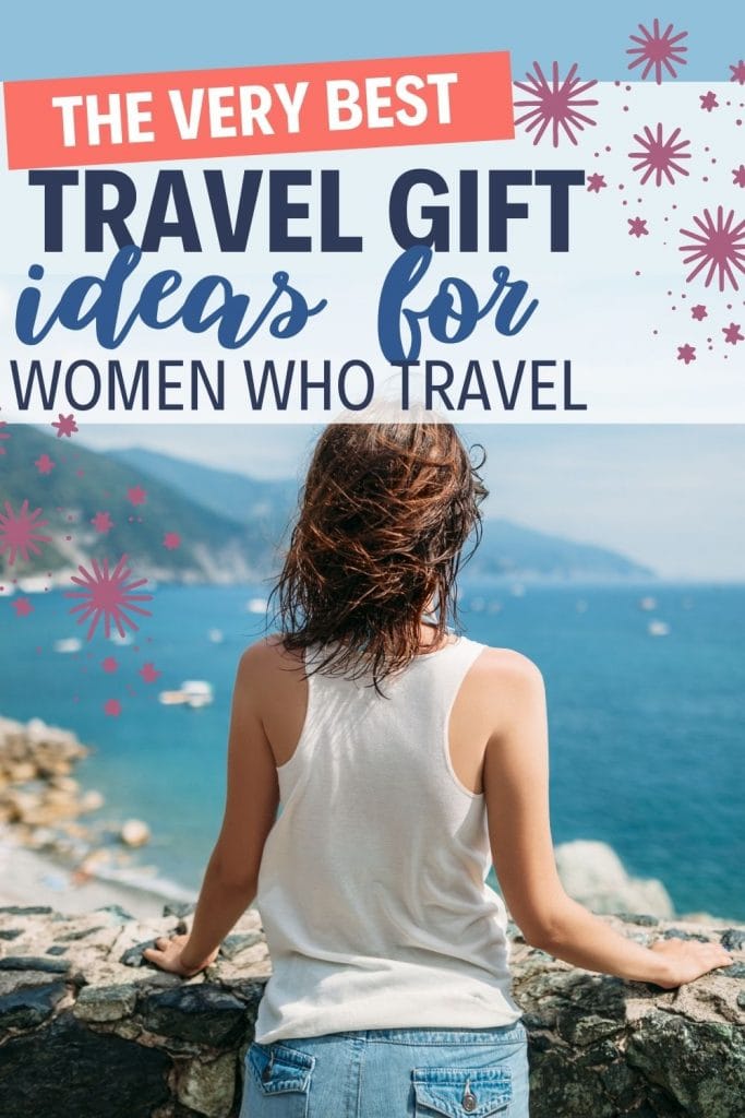Woman overlooking a seascape in Italy with a text overlay about fun travel gifts for women
