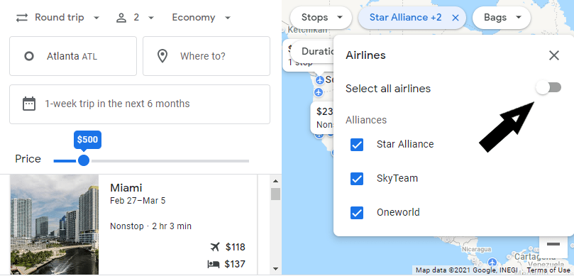 Google Flights Explore screenshot showing Airlines menu
