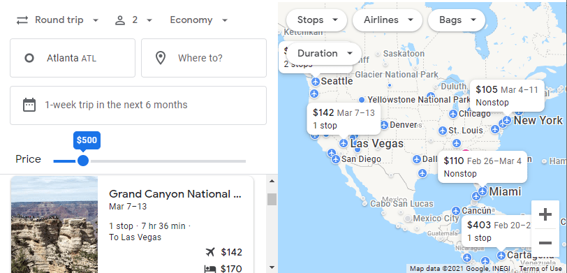 Screenshot of Google Flights Explore Map