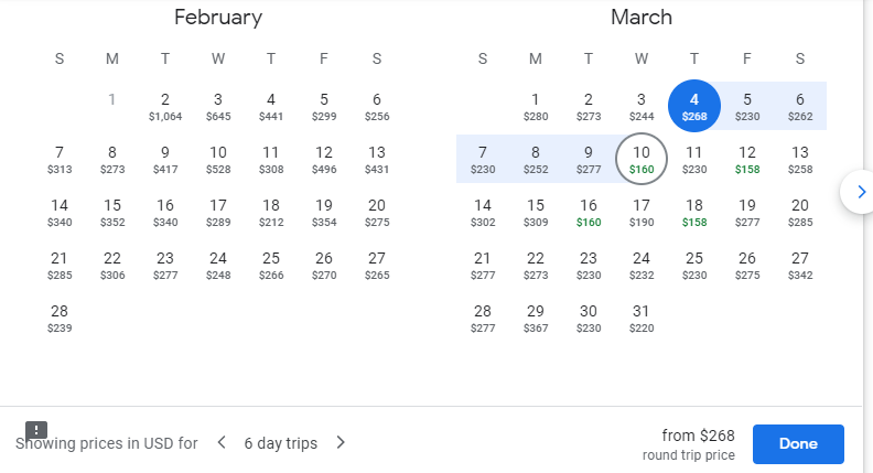 Google Flights screenshot showing calendar