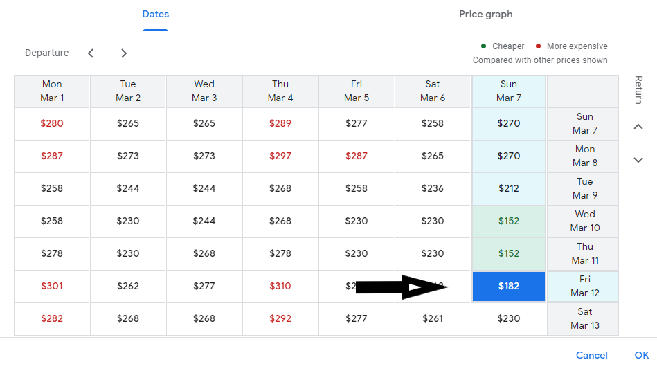 Google Flights screenshot showing date grid