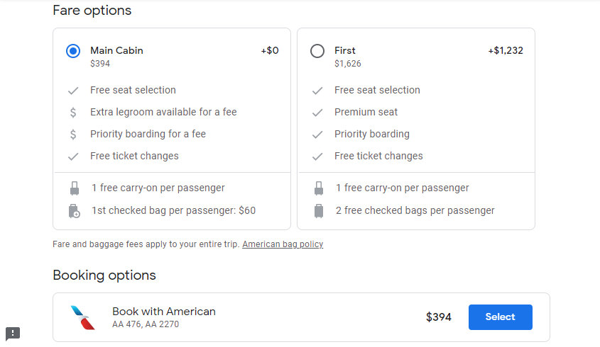 Google Flights screenshot showing fare options