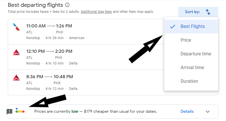 Google Flights screenshot showing sort options