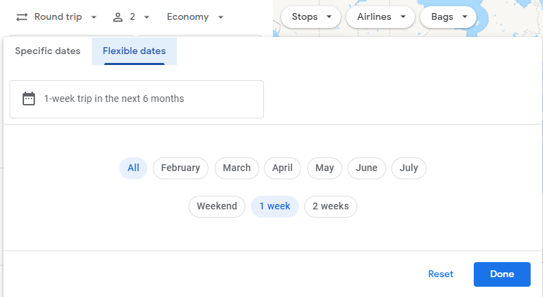 Google Flights explore screenshot showing flexible date options