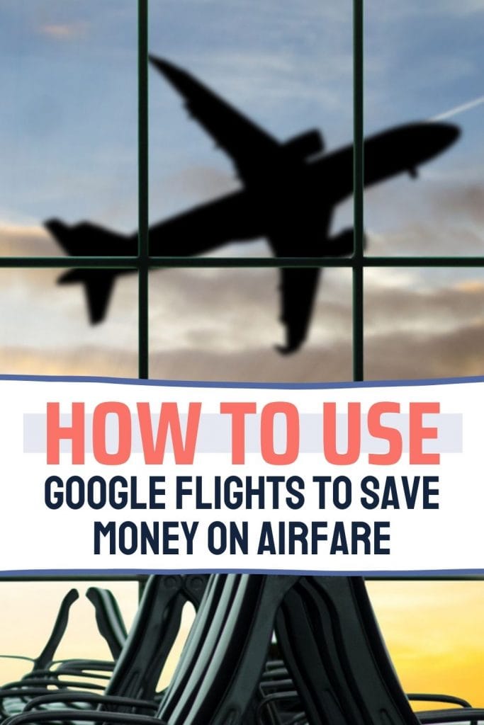 View of an airplane through the window of a airport gate waiting area with a text overlay about how to use Google Flights to save money on airfare.