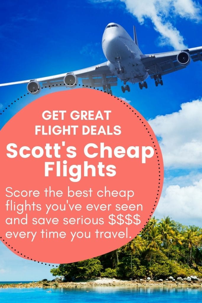 Airplane flying over an island with a text overlay about Scott's Cheap Flights and saving money