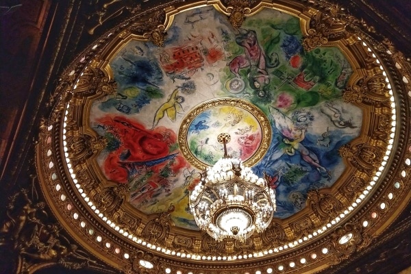 colorfully painted ceiling of the Paris Opera House auditorium
