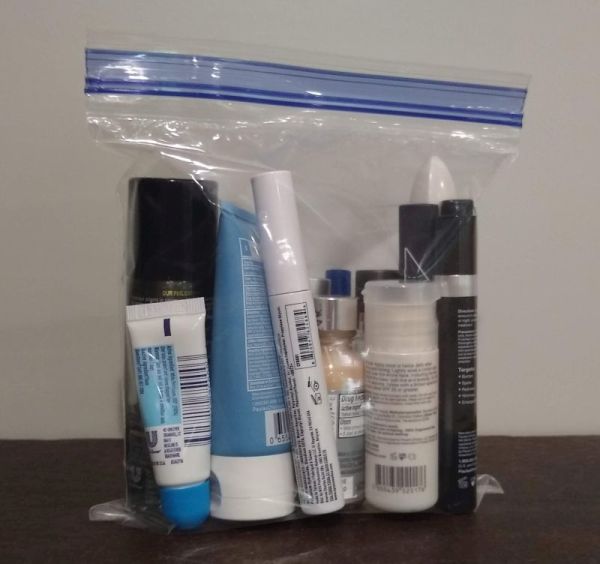 toiletries packed in a 1-quart Ziploc bag for travel