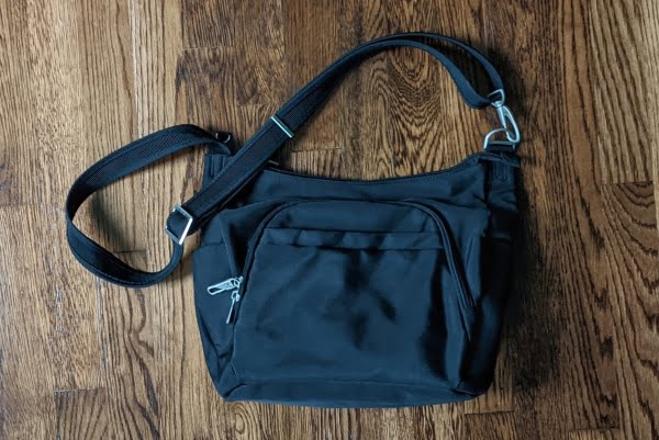 Travelon anti-theft crossbody bucket bag front view