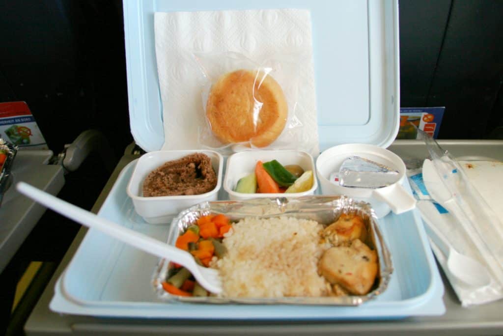 Typical airplane meal on a tray