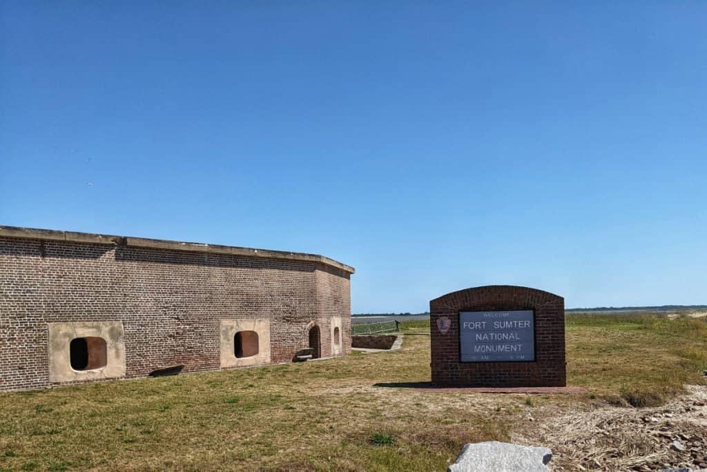 Exterior of the Fort Sumter National Monument outside Charleston with the national park sign.