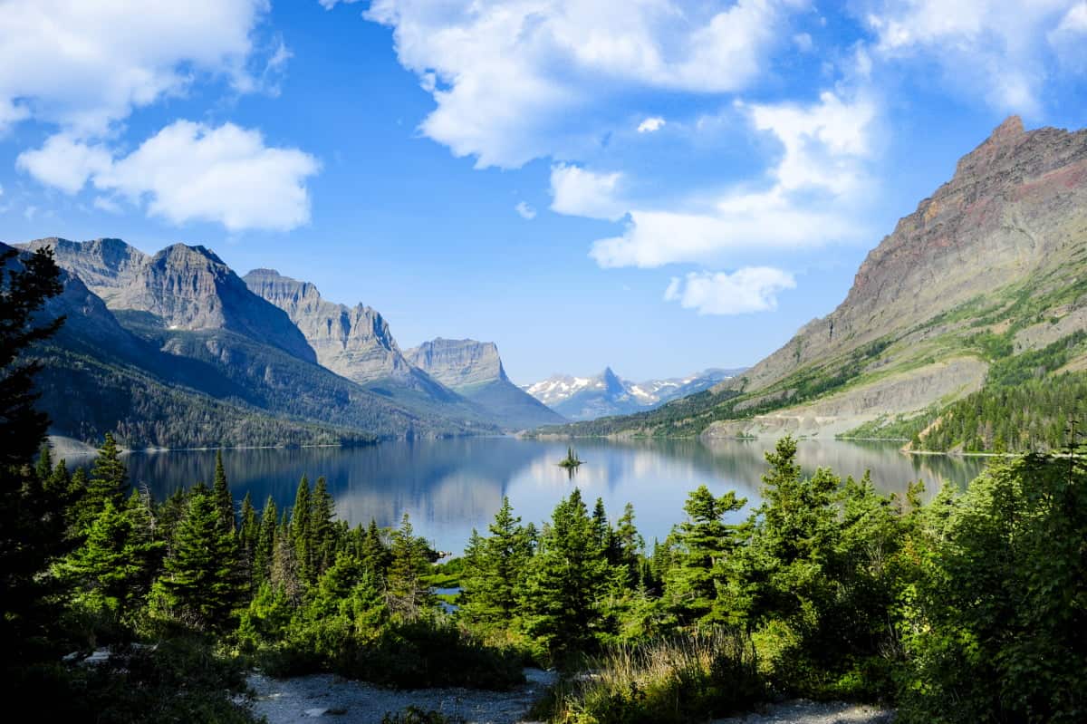 Saint Mary's Lake surrounded by mountains at Glacier National Park