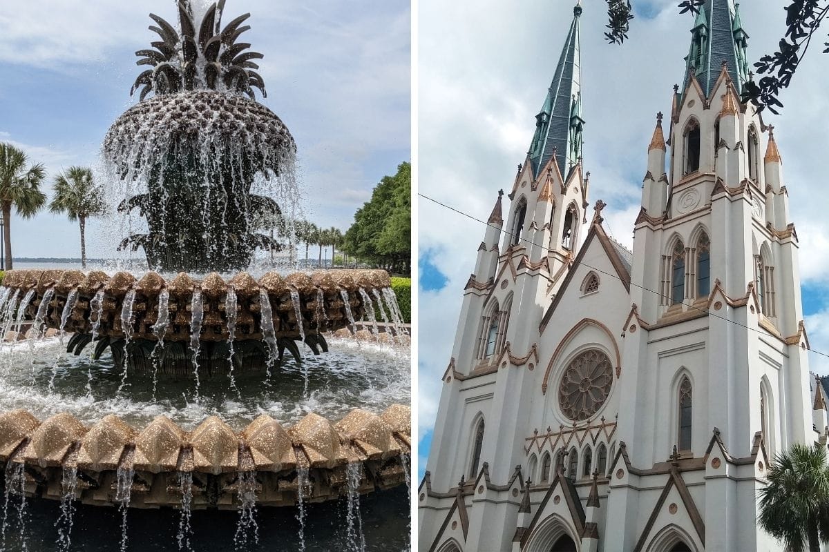 Pineapple fountain in Charleston and cathedral in Savannah
