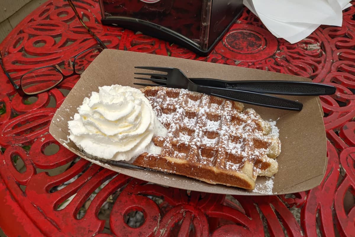Belgian waffle with whipped cream dusted with powdered in a paper container