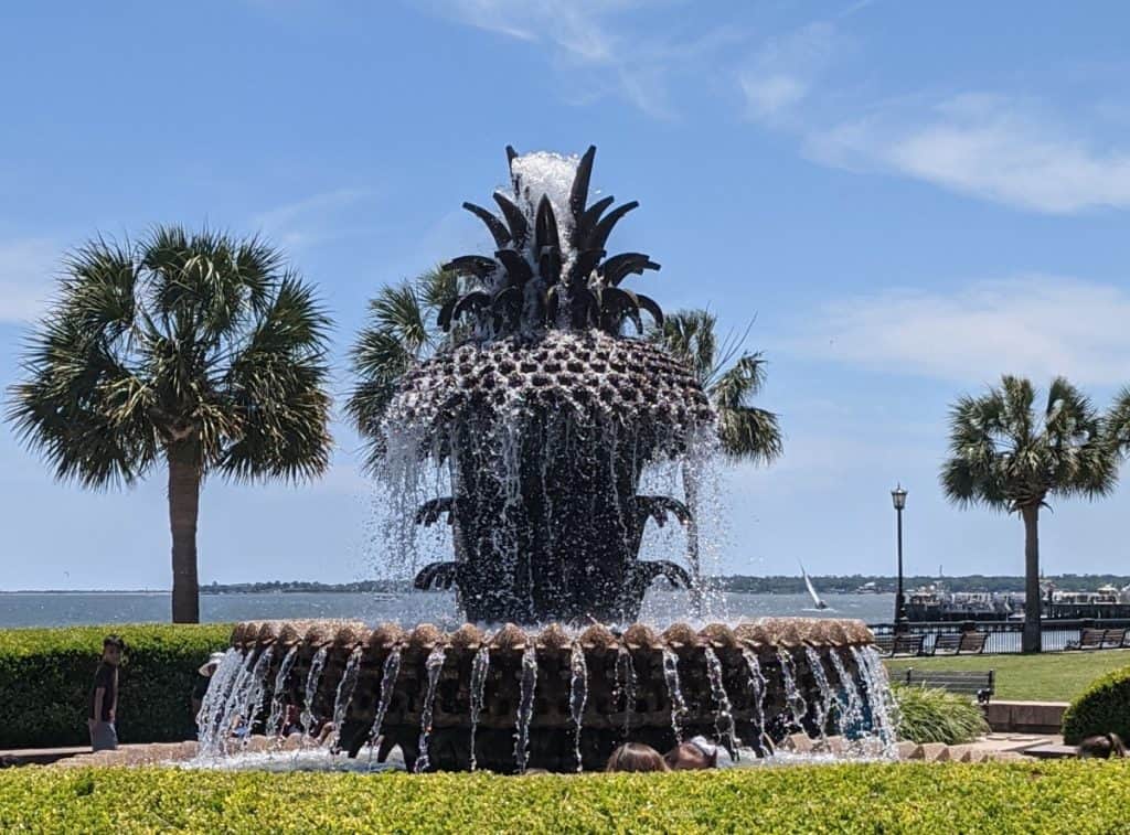 Fountain with a large pineapple on top in waterfront park in Charleston, South Carolina.