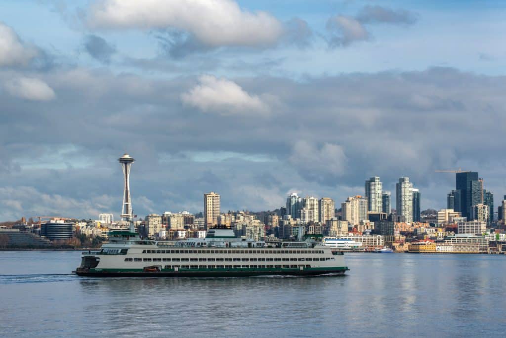 Seattle skyline from Bainbridge island ferry with water