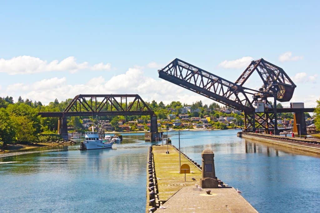 Ballard Locks in Seattle Washington. The Locks connect the waters of Puget Sound with freshwater of Lake Union and lake Washington.