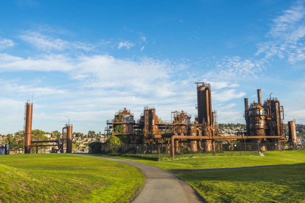Gas Works Park in Seattle, Washington, on a sunny day with blue sky