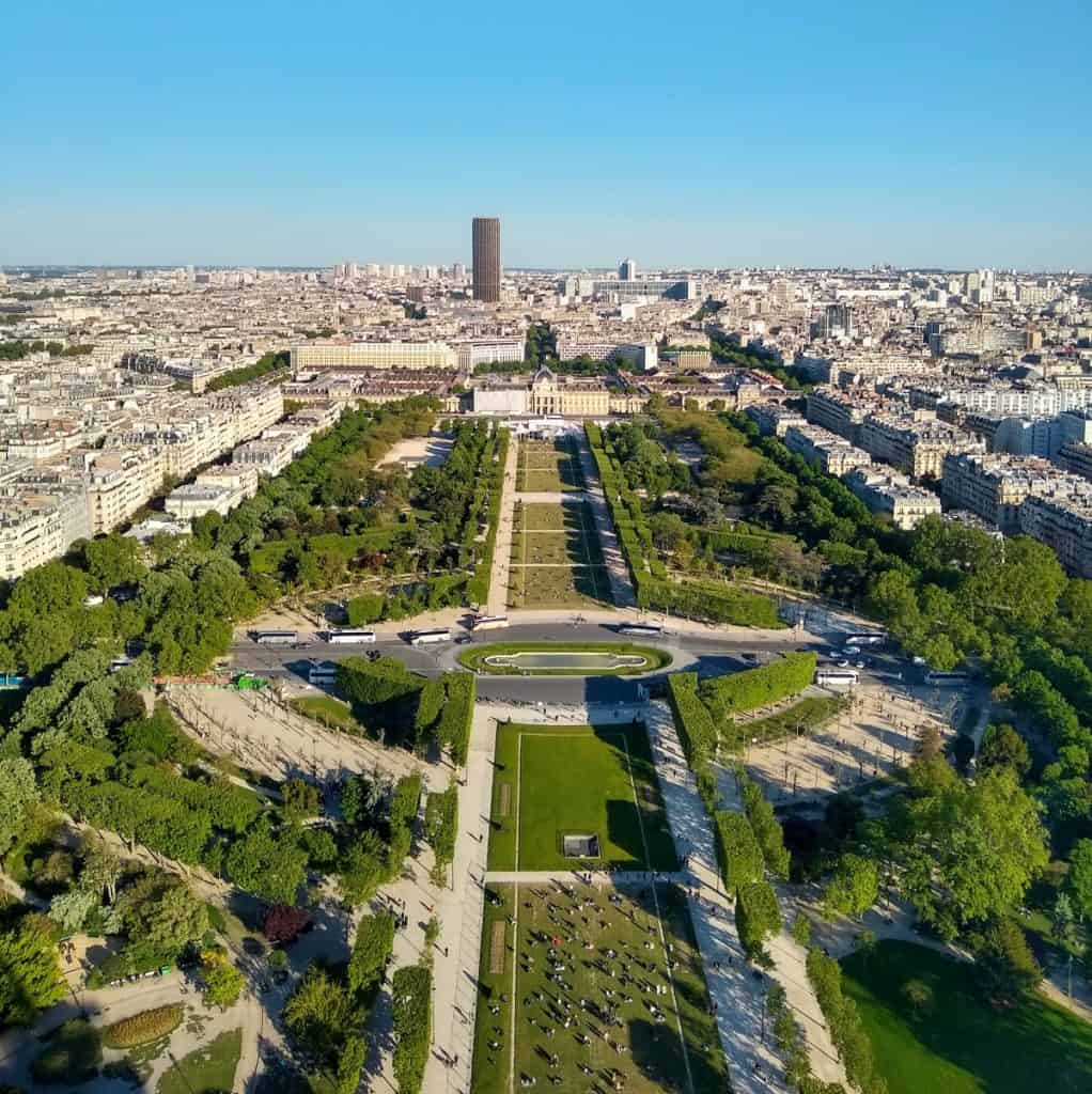 view of a long green park from above in Paris