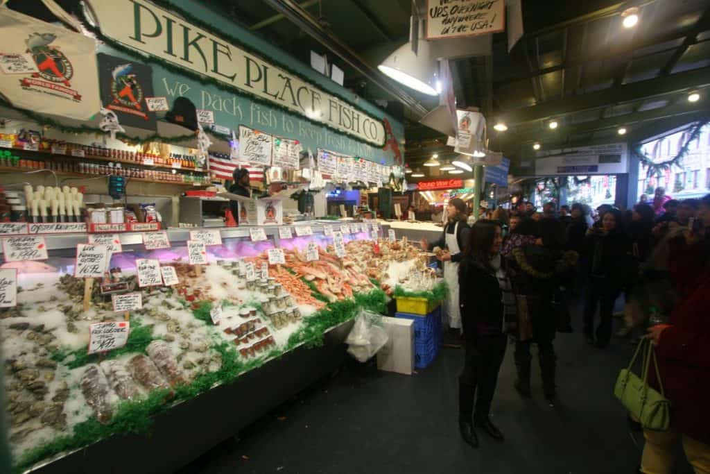 fish market stall at the Pike Place Market in Seattle